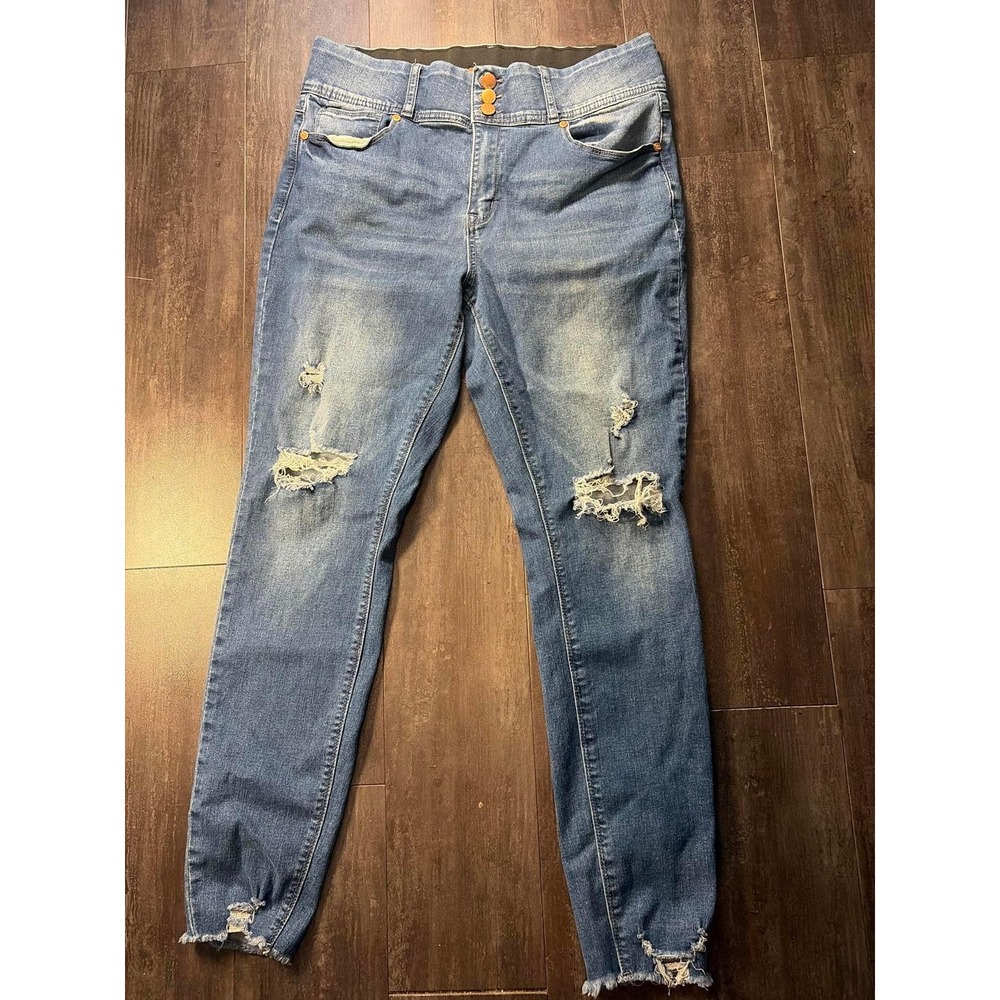 Indigo Poppy Distressed Skinny Jeans Womens Size 12 Blue High Rise Frayed Hem